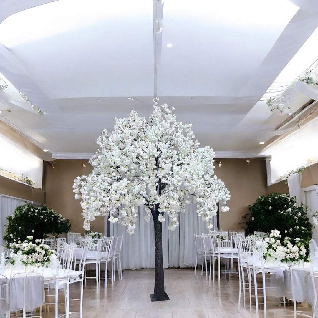 elegant white weeping cherry blossom display tree for upscale event styling.