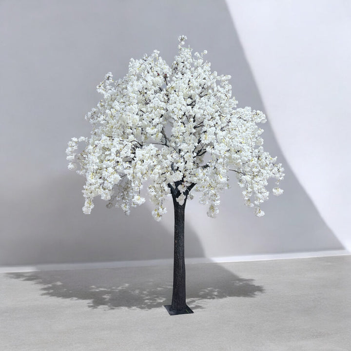tall white weeping cherry blossom event tree with realistic trunk and cascading blooms