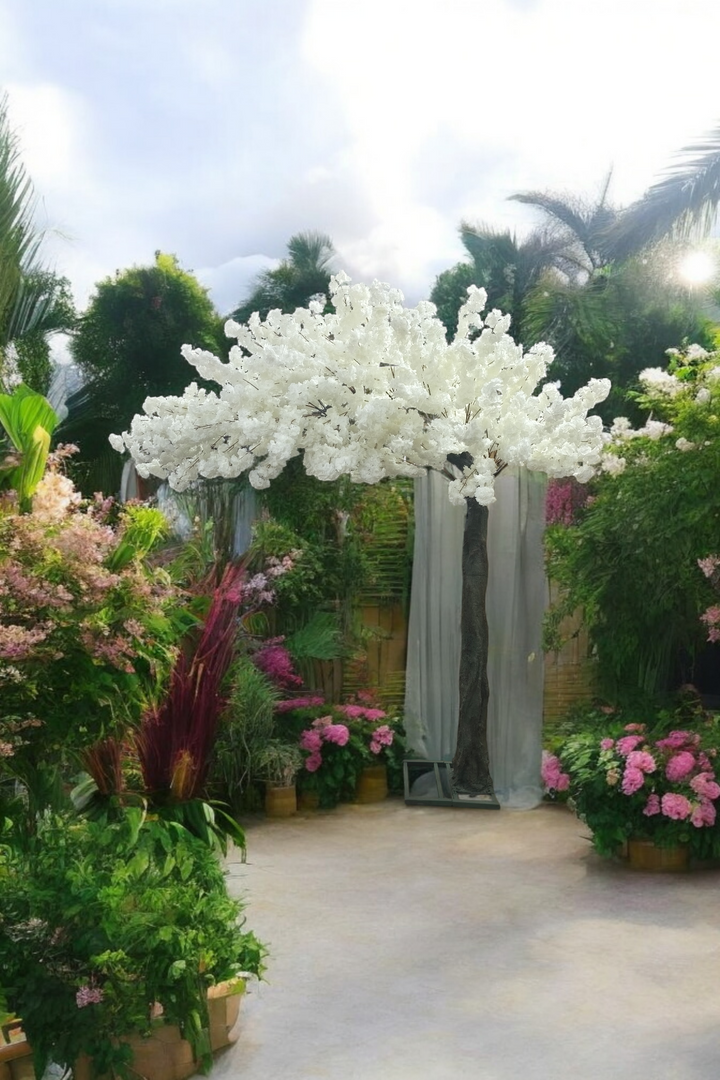 Artificial cherry blossom tree in pure white, available. This stunning centerpiece is perfect for enhancing weddings, corporate events, and sophisticated settings.