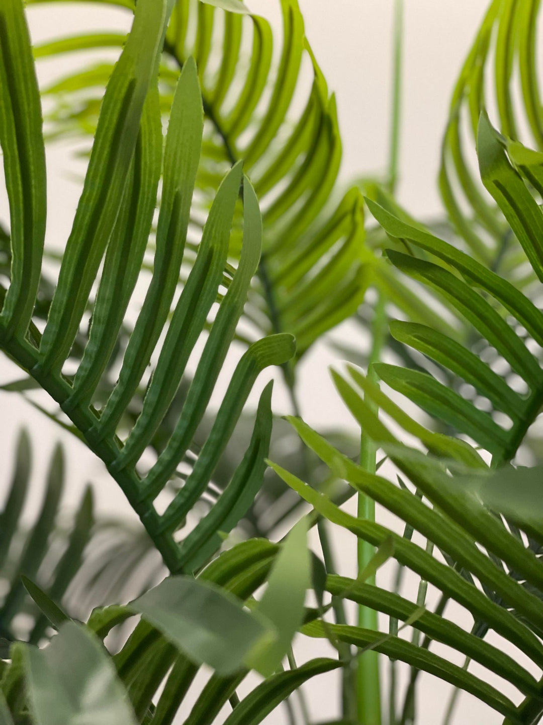 Close-up of vibrant green artificial palm leaves, showcasing their detailed texture and lush tropical aesthetic.