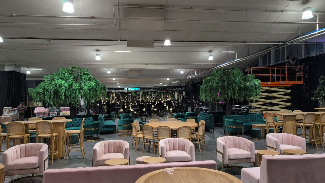 12ft artificial willow tree set up at a wedding venue in Toronto with elegant event décor
