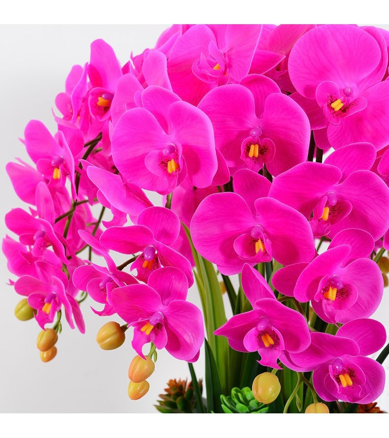 Close-up view of bright pink artificial orchid flowers with realistic petals and buds. Frequently asked question: What are the best tips for cleaning and maintaining artificial flowers to preserve their vibrancy?
