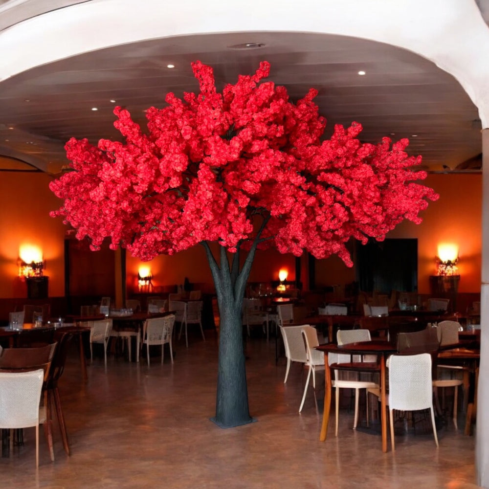 luxury event setup featuring 12ft red cherry blossom tree rental