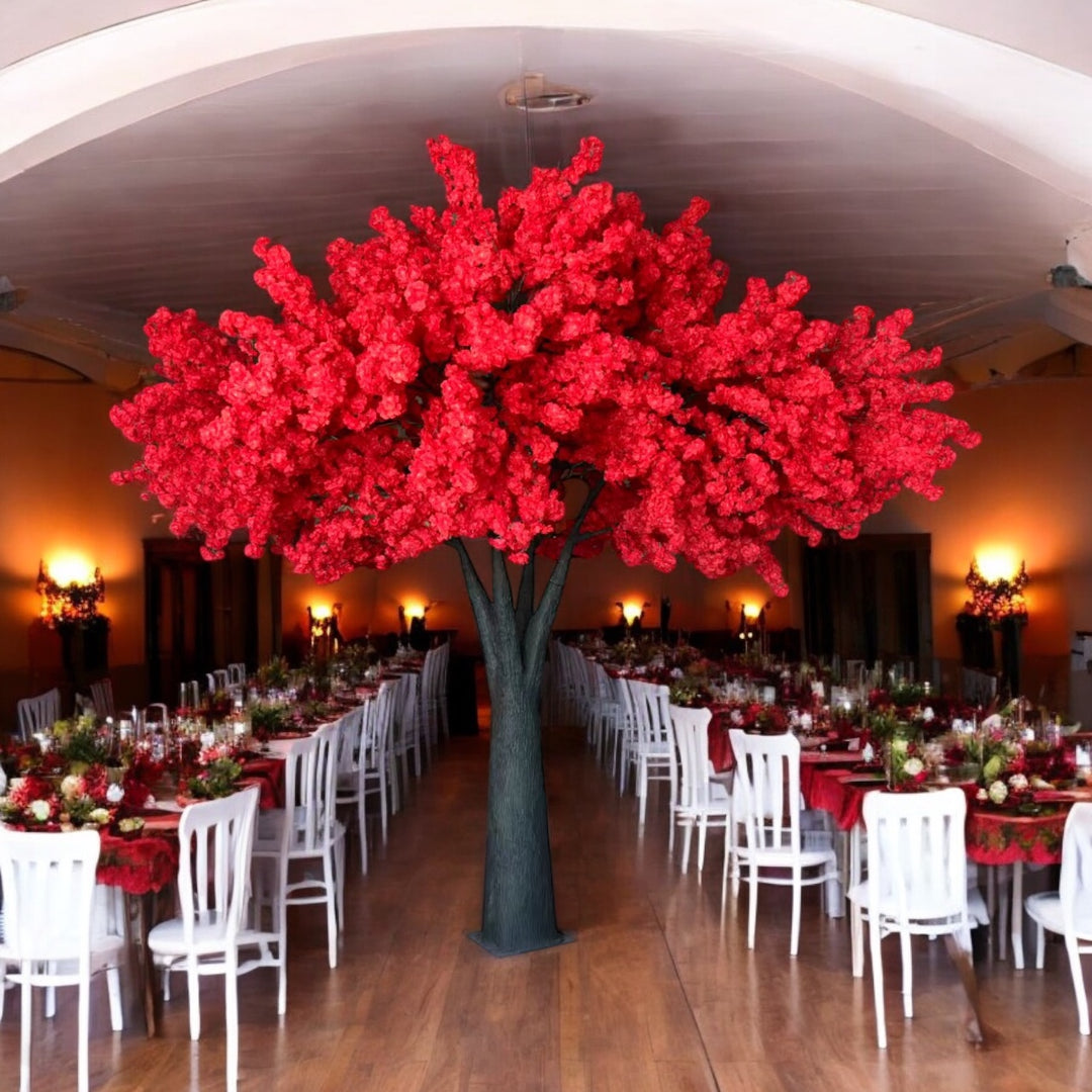 tall red cherry blossom décor tree for weddings and venues in GTA