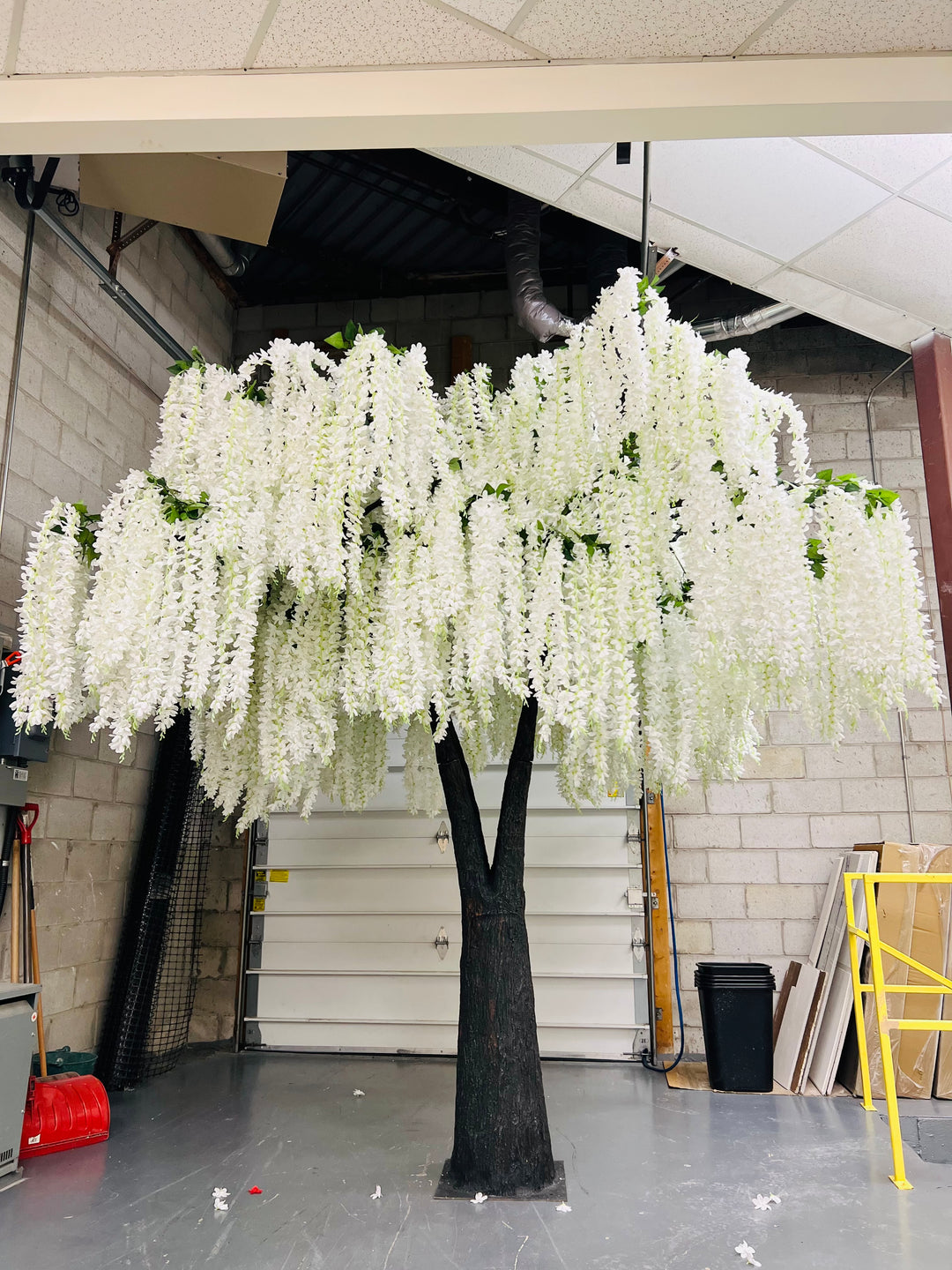 Artificial white wisteria flowering tree in a garage setting
