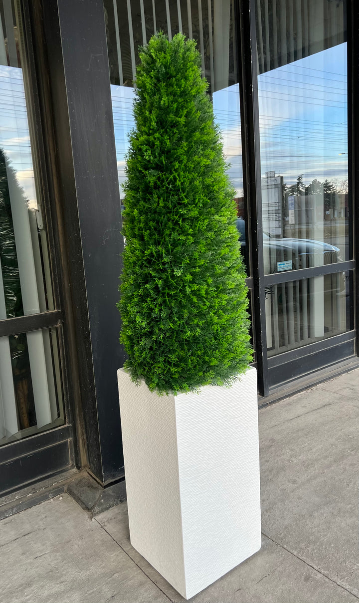 Artificial evergreen topiary tree in a modern white rectangular planter, perfect for adding a touch of greenery to outdoor entrances.
