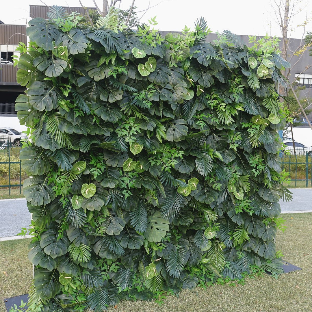 Artificial foliage backdrop with a mix of tropical leaves, creating a vibrant green wall for events, office decor, or home accents. How easy is it to install this artificial backdrop? Does it require any maintenance or special care?