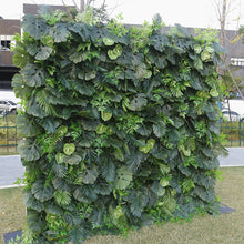 Charger l&#39;image dans la galerie, Artificial foliage backdrop with a mix of tropical leaves, creating a vibrant green wall for events, office decor, or home accents. How easy is it to install this artificial backdrop? Does it require any maintenance or special care?
