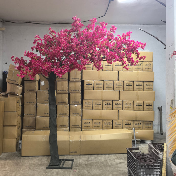 Lifelike 8ft Hot Pink Bougainvillea Tree for Event and Indoor Decor, stored in Warehouse.