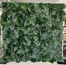 Charger l&#39;image dans la galerie, Lush green artificial foliage backdrop with a variety of tropical leaves, ideal for creating a natural jungle ambiance for events and photo sessions. How realistic is the texture and color of the leaves? Is this greenery wall suitable for outdoor installations? Can it be customized for different sizes or shapes?
