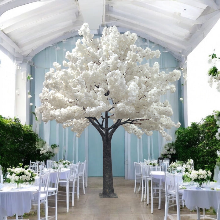 Elegant 10ft white cherry blossom décor tree used for receptions, photoshoots, and venues across Toronto