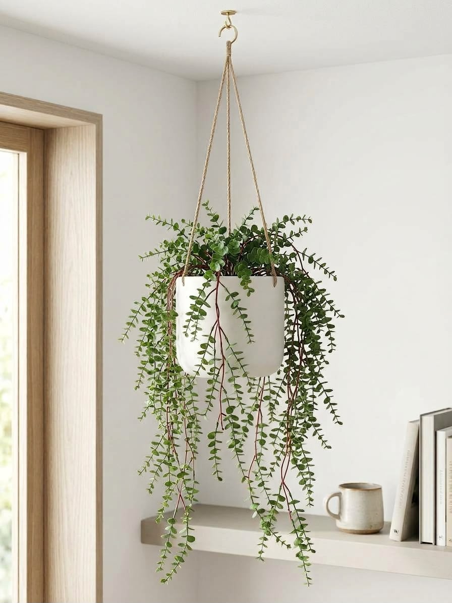 A green Creeping Jenny (Moneywort) Hanging Vine  in a white cylindrical hanging planter suspended by a rope from a ceiling hook, shown in a bright indoor room with a shelf and mug below.