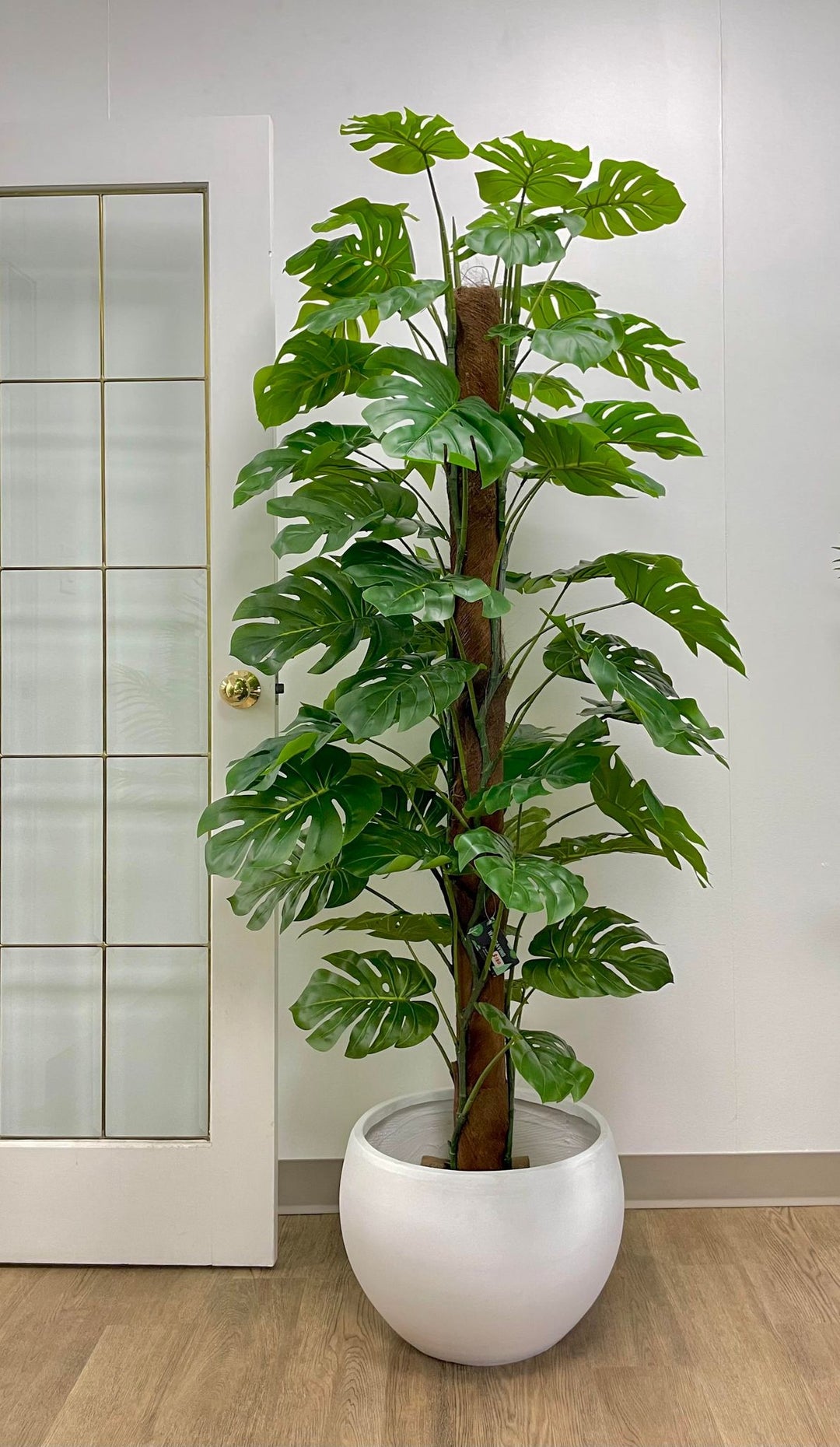 Tall artificial monstera plant placed in a sleek white planter near a window. The lush green leaves with natural-looking veins add a tropical vibe to the indoor setting, with the bright daylight highlighting the plant's vibrant colors.