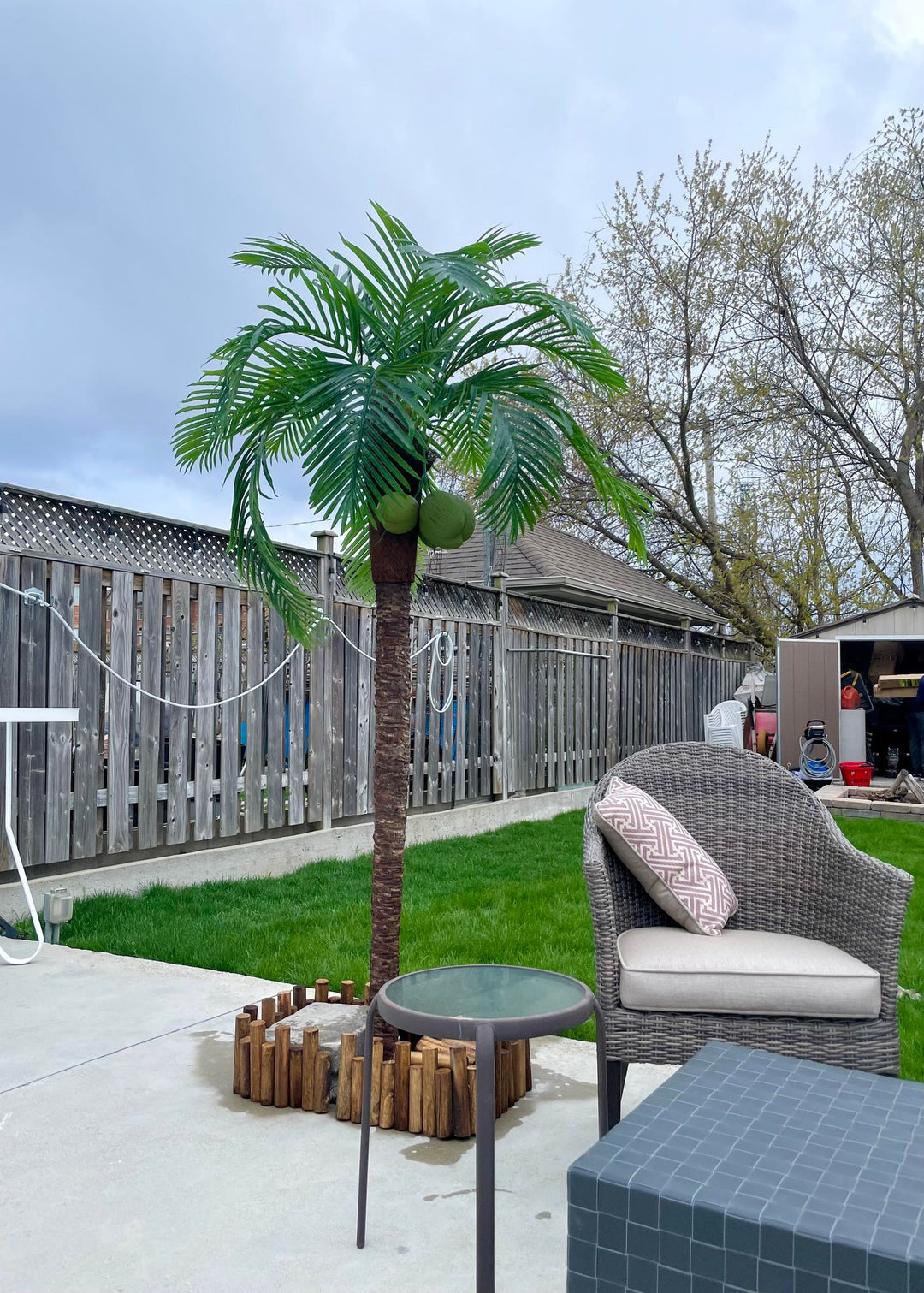 The image shows a backyard scene with an artificial palm tree that has coconuts. The palm tree is set on a grassy lawn near a wooden fence. In the foreground, there is a wicker chair with a cushion, and a small round glass table is placed beside it. The setting has a relaxed, tropical feel, enhanced by the greenery and outdoor furniture. The sky appears to be overcast, indicating that the photo was taken on a cloudy day.