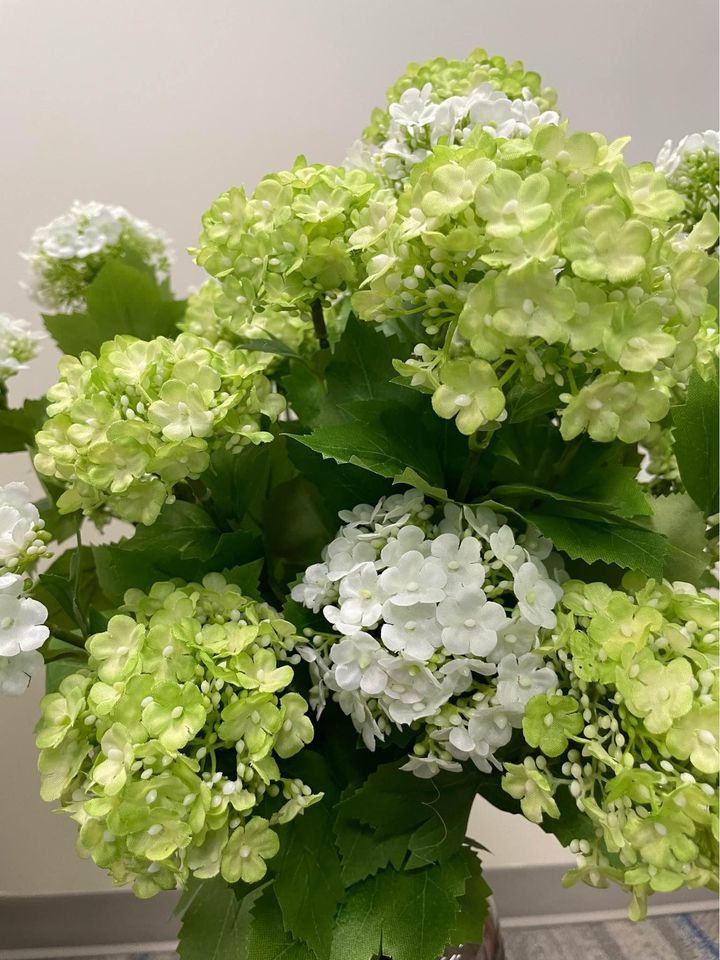 Close-up view of artificial hydrangea flowers in green and white hues. These realistic faux blooms are ideal for home decor and floral arrangements. How to care for artificial flowers to keep them looking fresh?