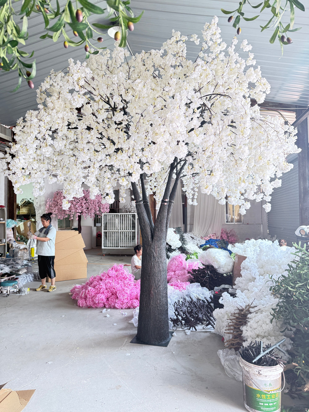realistic textured trunk of white weeping cherry blossom event tree getting ready at the warehouse.