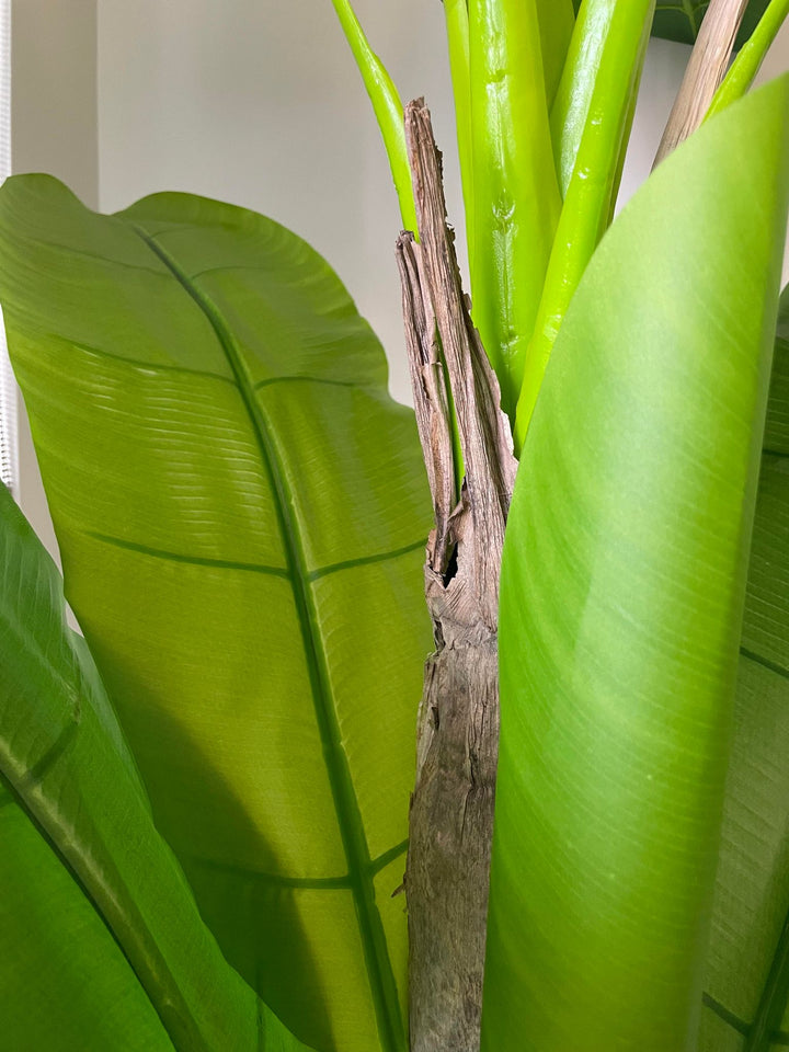 Detailed close-up of artificial banana plant leaves and trunk, showcasing the realistic texture and vibrant green color, perfect for enhancing indoor tropical decor