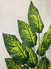 Charger l&#39;image dans la galerie, Close-up of the vibrant, variegated leaves of a tall artificial plant, showcasing the intricate patterns of green and yellow, adding a touch of natural beauty to the space.
