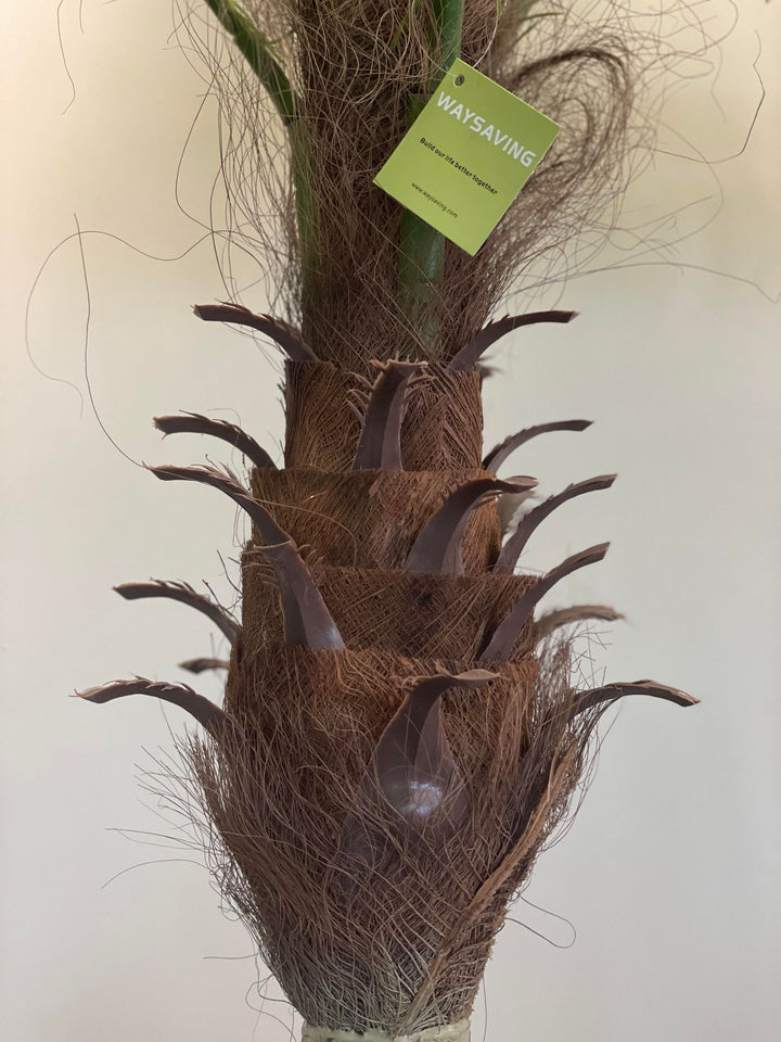 Close-up of an artificial palm tree trunk, featuring detailed brown fibers and a label from Waysaving with the tagline 'Build our life better together.