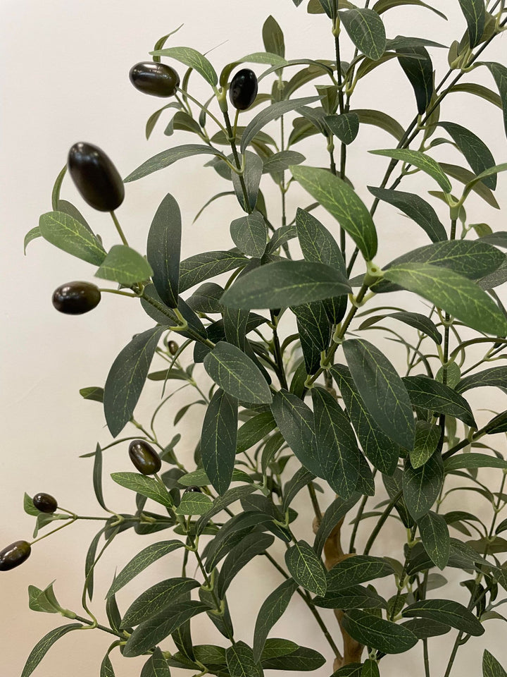 Close-up view of the artificial olive tree's leaves and small dark olives, showing the detailed texture and realistic design of the foliage against a neutral background
