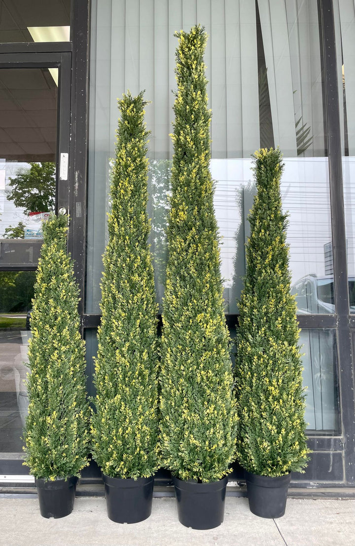 Set of four artificial tall evergreen trees in black pots, showcasing lush green foliage with yellow accents, perfect for enhancing outdoor or indoor environments