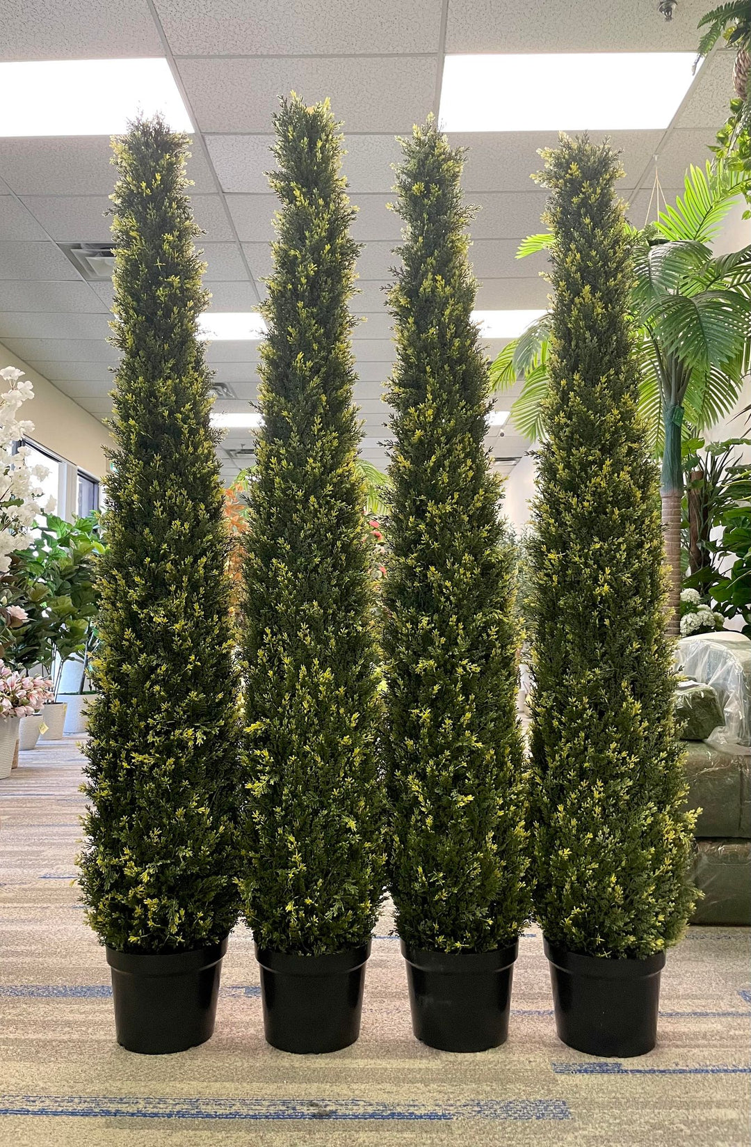 Four tall, cone-shaped artificial topiary trees are arranged in a row, each in a black pot, displayed indoors with other plants in the background.