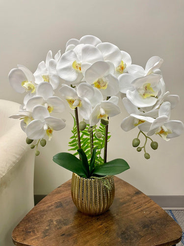 A stunning arrangement of white artificial orchids in a black ceramic planter on a wooden coffee table. Frequently asked question: What is the best way to care for artificial orchid flowers to keep them looking fresh?