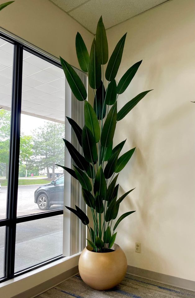 Tall artificial plant with dark green leaves in a large, round gold pot placed in a modern office corner near a window with a view of parked cars and trees outside