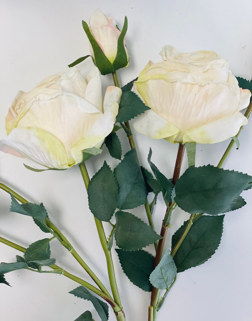 Close-up of artificial white rose stems with green leaves against a white background. Common question: How can you make artificial roses look more realistic in floral arrangements?