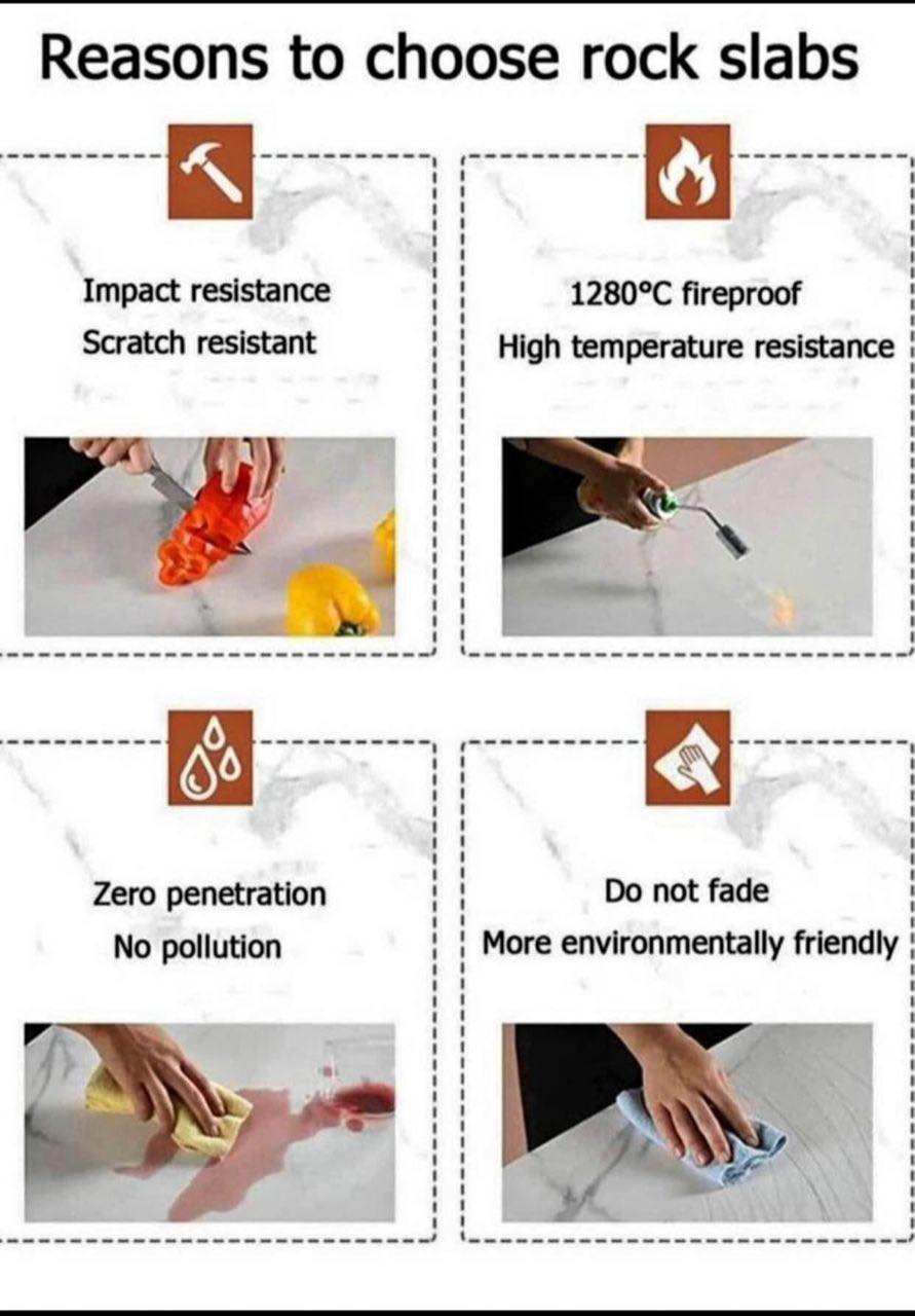 Why choose rock slabs for surfaces? This infographic highlights key benefits: impact resistance and scratch resistance, fireproof up to 1280°C with high-temperature resistance, zero penetration and pollution, and a surface that doesn’t fade and is more environmentally friendly. Visual examples show the durability and ease of maintenance of rock slab surfaces, making them a popular choice for modern homes.