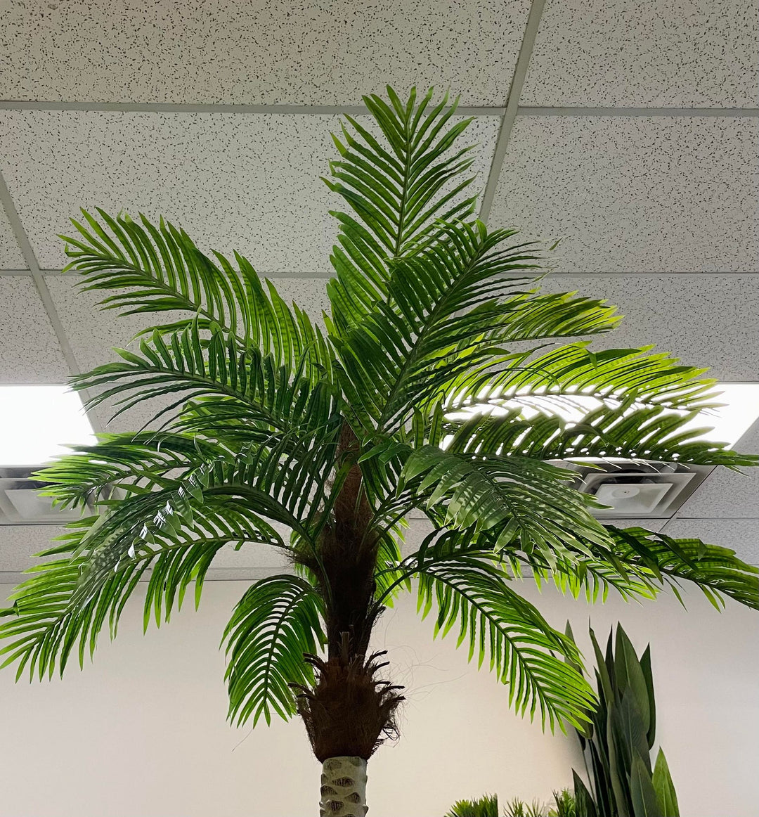 Close-up view of the top of an artificial palm tree with lush green leaves, positioned indoors against a ceiling with bright lighting.
