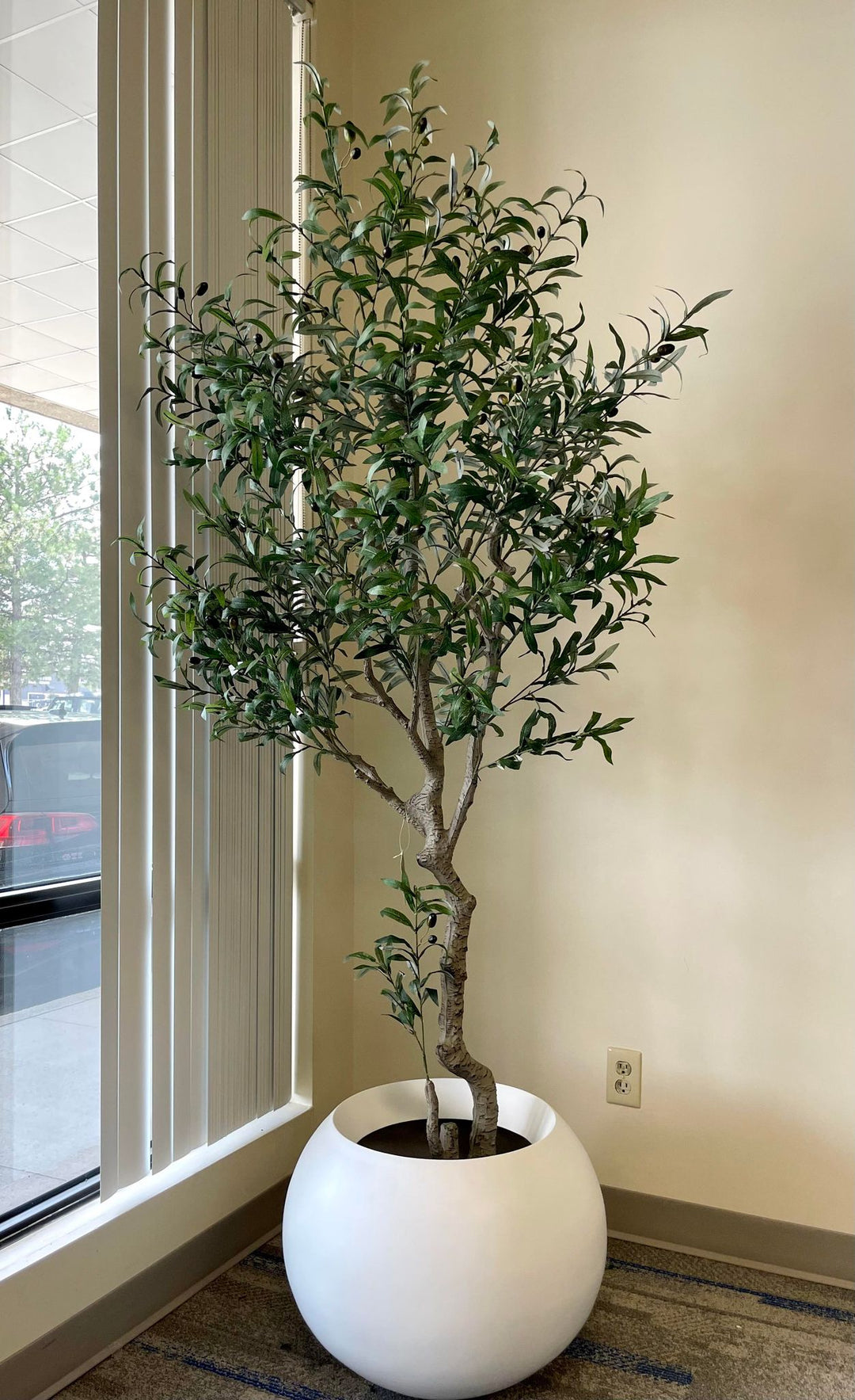 Artificial olive tree with slender green leaves and small black olives in a textured white pot placed near a glass-paneled door in a bright indoor space with wooden flooring.