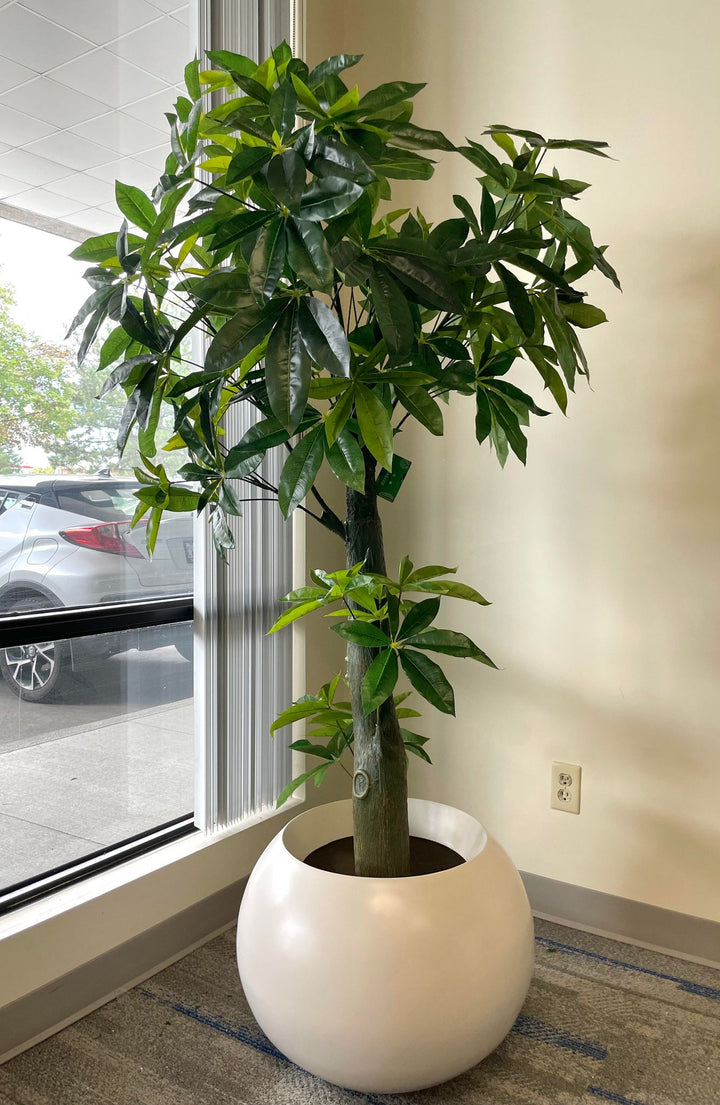 Artificial money tree with lush green leaves in a stylish white textured planter, placed beside a cozy white armchair in a modern indoor setting, perfect for enhancing office or home decor