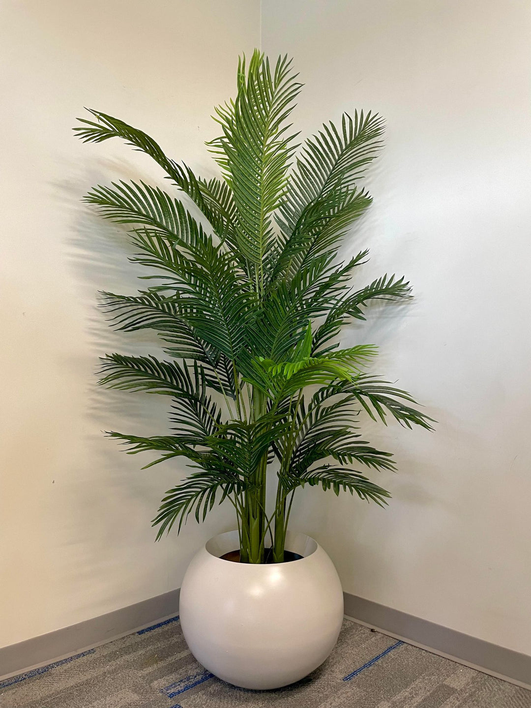 An artificial palm tree in a rounded white planter, placed in a corner. The lush green leaves cast soft shadows on the light-colored walls, adding a vibrant, natural touch to the clean, minimalist space. The setup gives an elegant, refreshing feel to the room.