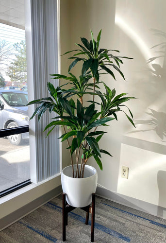 Artificial green Dracaena plant in a modern white planter with wooden stand, placed in a well-lit room next to a window, adding a natural and elegant touch to the indoor space.