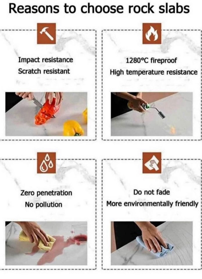 Why choose rock slabs for surfaces? This infographic highlights key benefits: impact resistance and scratch resistance, fireproof up to 1280°C with high-temperature resistance, zero penetration and pollution, and a surface that doesn’t fade and is more environmentally friendly. Visual examples show the durability and ease of maintenance of rock slab surfaces, making them a popular choice for modern homes.