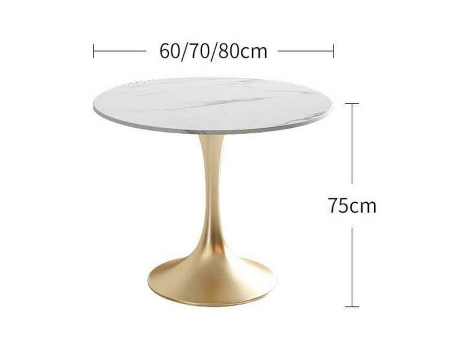 What is the ideal table height for dining? Image of a round marble table with a golden base, showcasing dimensions with a height of 75 cm and variable tabletop diameters of 60 cm, 70 cm, and 80 cm, suitable for compact spaces.