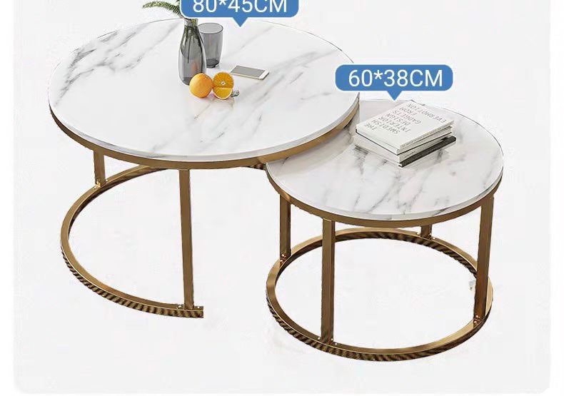 Nesting marble coffee tables with gold frames, featuring dimensions of 80x45 cm and 60x38 cm. Common questions include 'What size coffee table fits best in a small living room?' and 'How to choose a durable and elegant coffee table?