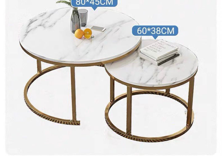 Nesting marble coffee tables with gold frames, featuring dimensions of 80x45 cm and 60x38 cm. Common questions include 'What size coffee table fits best in a small living room?' and 'How to choose a durable and elegant coffee table?