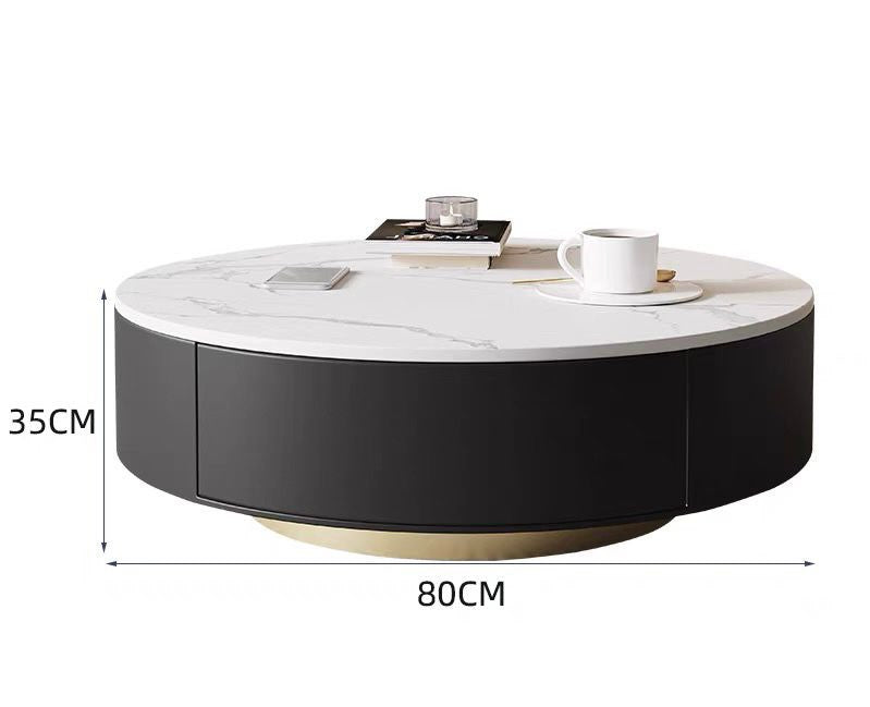 Round coffee table with a white marble top and a black base, measuring 80 cm in diameter and 35 cm in height. The sleek and modern design features a clean, minimalist look, perfect for contemporary living spaces.
