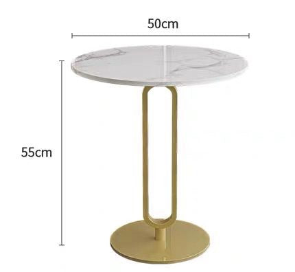 Round side table with white marble top and gold base, measuring 50 cm in diameter and 55 cm in height. Common questions: 'What are the standard dimensions for a side table?' 'How tall should a side table be for a sofa?' and 'What are the best materials for a durable side table?