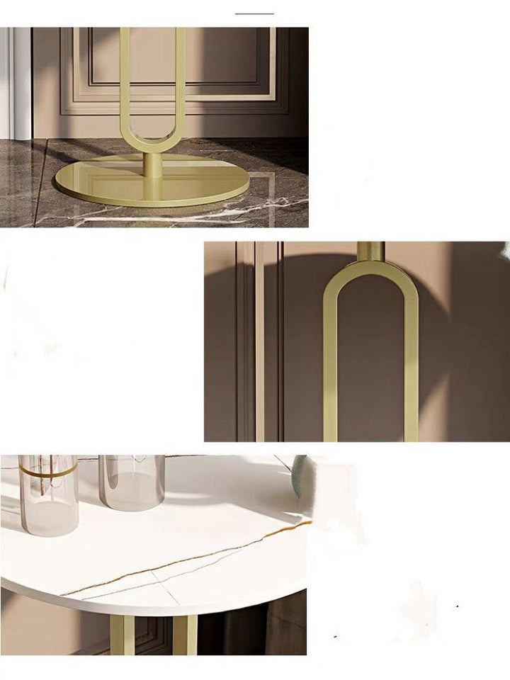 Close-up views of a round side table featuring a white marble top with gold veins and a sturdy gold base. Common queries include: 'What materials are best for side table durability?' 'How do you maintain a marble table?' and 'What are the benefits of using metal bases for furniture?