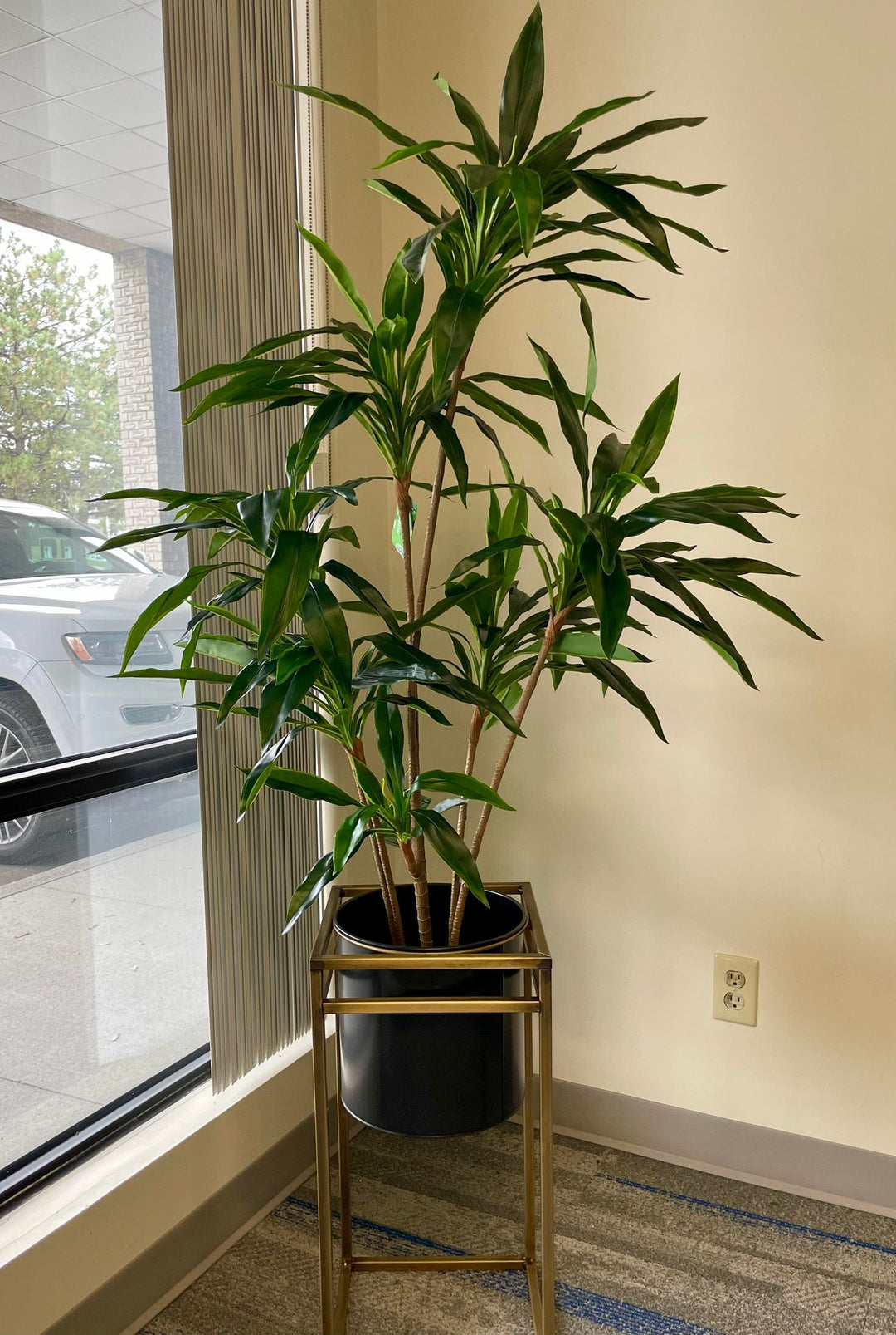 Elegant artificial green Dracaena plant in a black metal planter with a gold stand, placed by a large window, offering a sophisticated and modern touch to any indoor setting