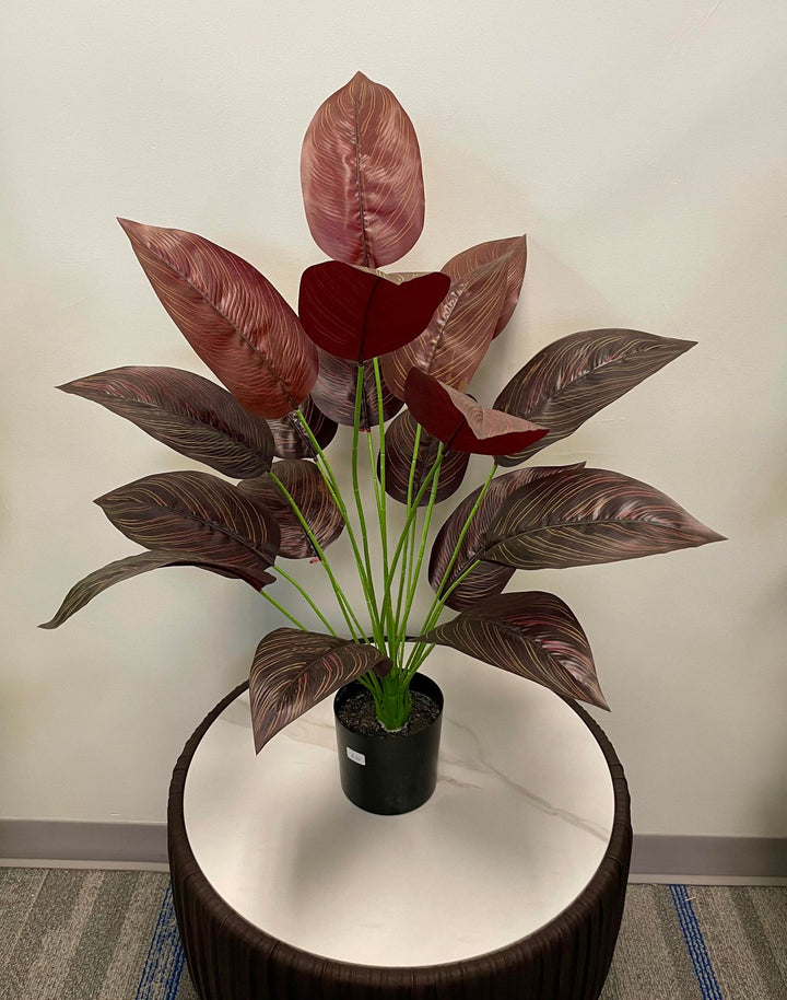 Elegant artificial dark red tropical plant with broad, textured leaves, perfect for adding a touch of sophistication to indoor spaces.