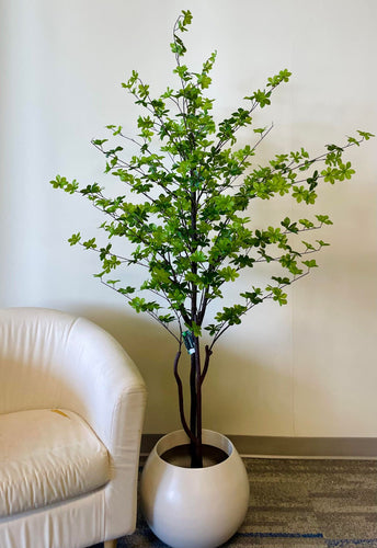 This image shows a vibrant artificial plant with numerous small, bright green leaves, arranged on slender, dark brown stems. The plant is placed in a sleek, white planter and positioned next to a cream-colored armchair, adding a touch of natural freshness to the room's decor. The plant's lively appearance makes it a perfect choice for enhancing indoor spaces with a splash of greenery.