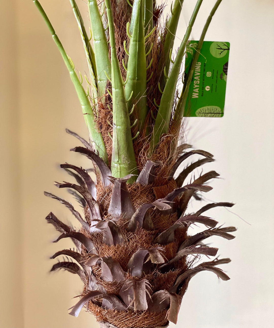 Close-up of the textured trunk of an artificial palm tree showing realistic green stems and fibers, perfect for indoor home decor.