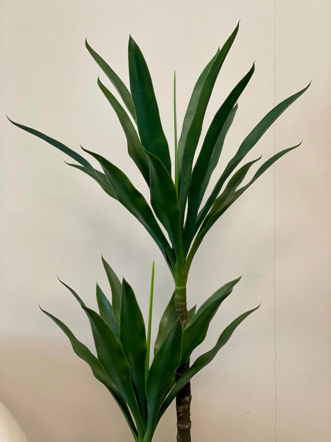 Close-up of a tall artificial green Dracaena plant with long, pointed leaves arranged in a rosette, placed against a plain light-colored background