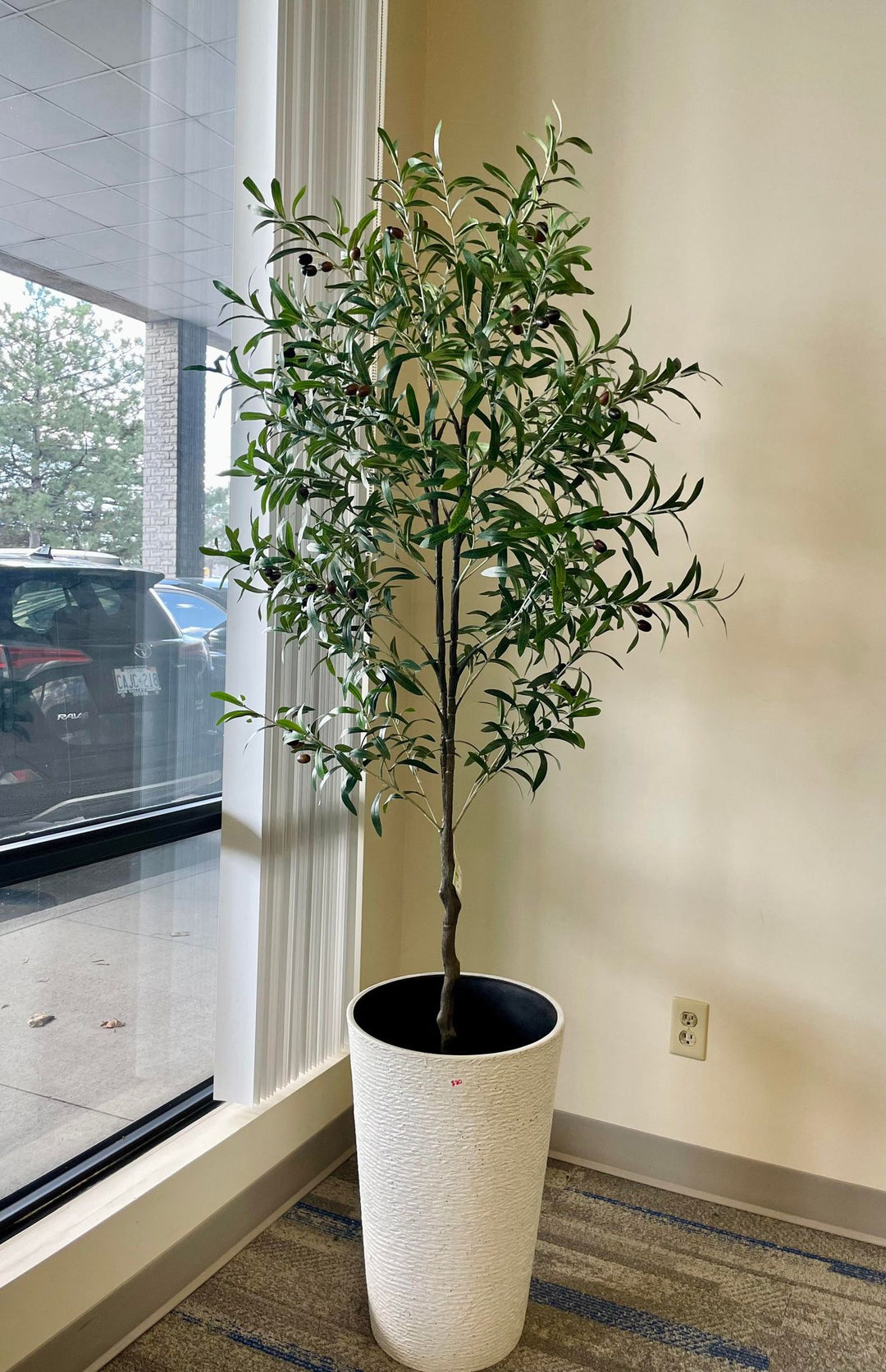 Artificial olive tree with slender green leaves and small black olives in a textured white pot placed near a glass-paneled window in a bright indoor space with wooden flooring