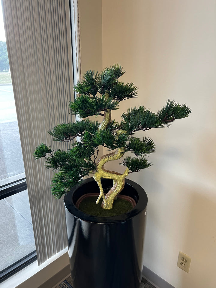 Artificial bonsai tree with a twisted trunk and dense, needle-like green foliage, displayed in a shiny black planter, situated near a window with vertical blinds