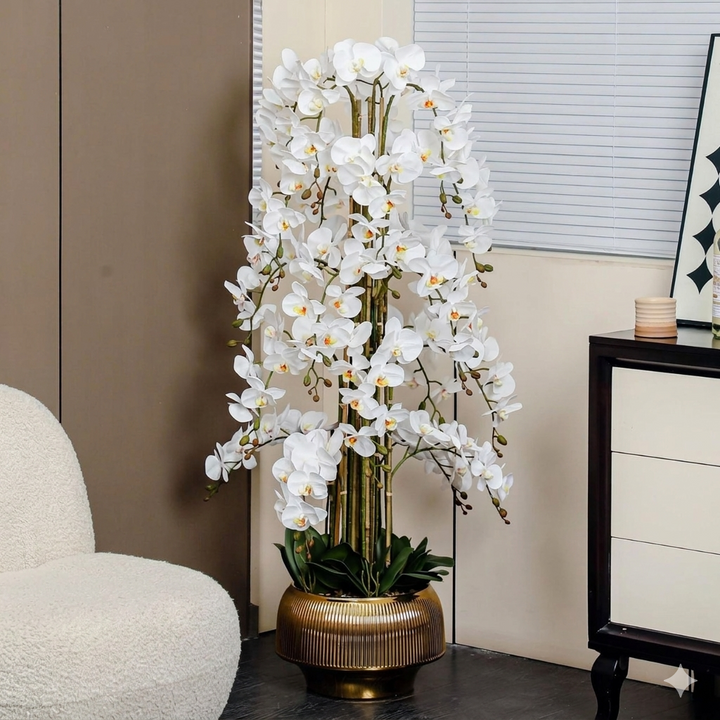 Decorative white orchid plant in a gold pot on a dark floor with a beige wall and chair in the background.